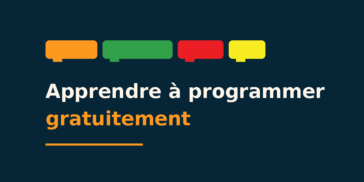 Visuel titré « Apprendre à programmer gratuitement » avec des blocs de programmation colorés sur fond bleu nuit