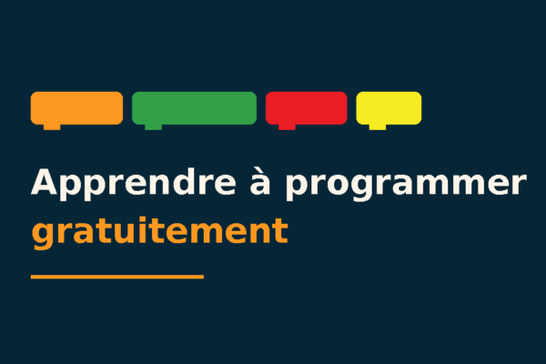 Visuel titré « Apprendre à programmer gratuitement » avec des blocs de programmation colorés sur fond bleu nuit