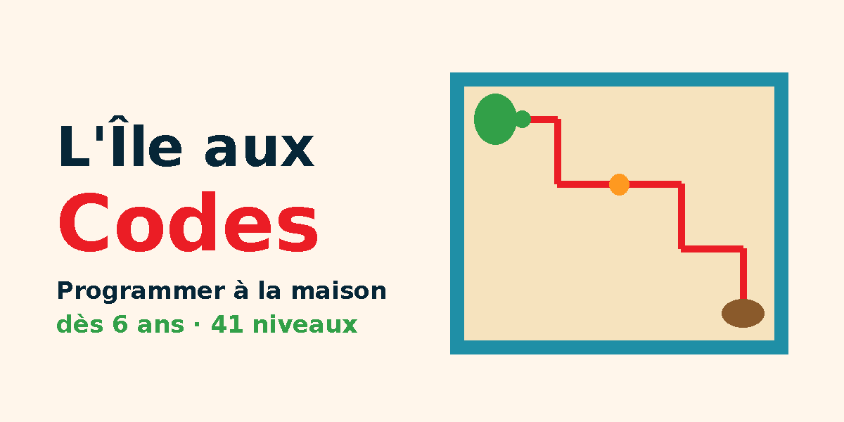 Visuel du jeu L'Île aux Codes pour programmer à la maison : une tortue suit un chemin rouge jusqu'à son nid sur un plateau, avec la mention dès 6 ans et 41 niveaux