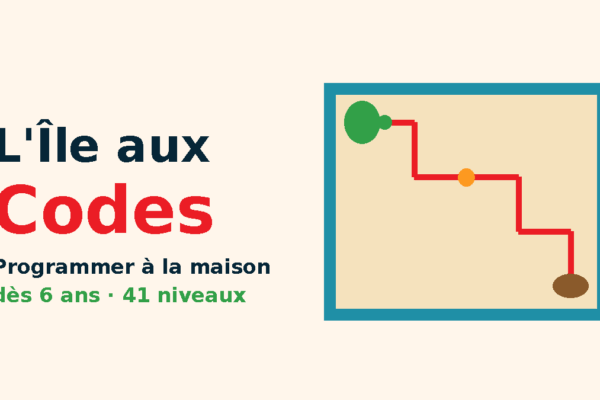 Visuel du jeu L'Île aux Codes pour programmer à la maison : une tortue suit un chemin rouge jusqu'à son nid sur un plateau, avec la mention dès 6 ans et 41 niveaux